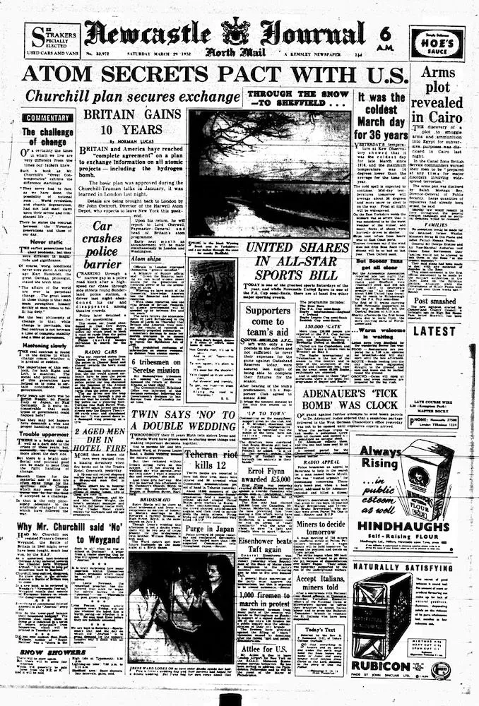 Front page of the Newcastle Journal from 29 March 1952